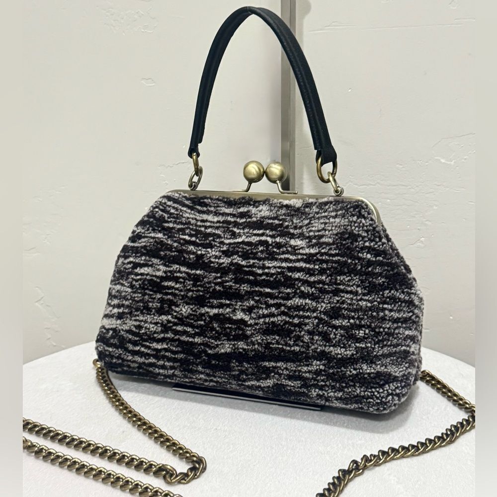 Vintage Style Handmade Shearling Leather Kisslock Frame Bag, Multi Use Style